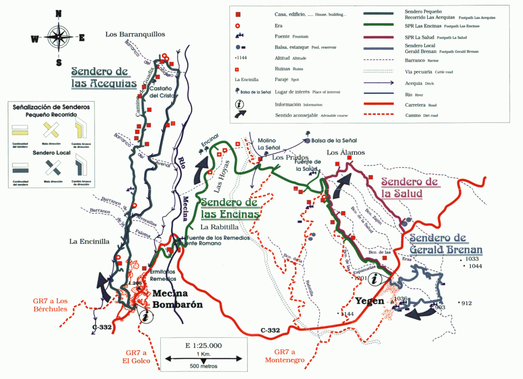 Mapa de los Senderos de Alpujarra de la Sierra: Las Acequias, Las Encinas, La Salud y Gerald Brenan, entre Mecina Bombarón y Yegen